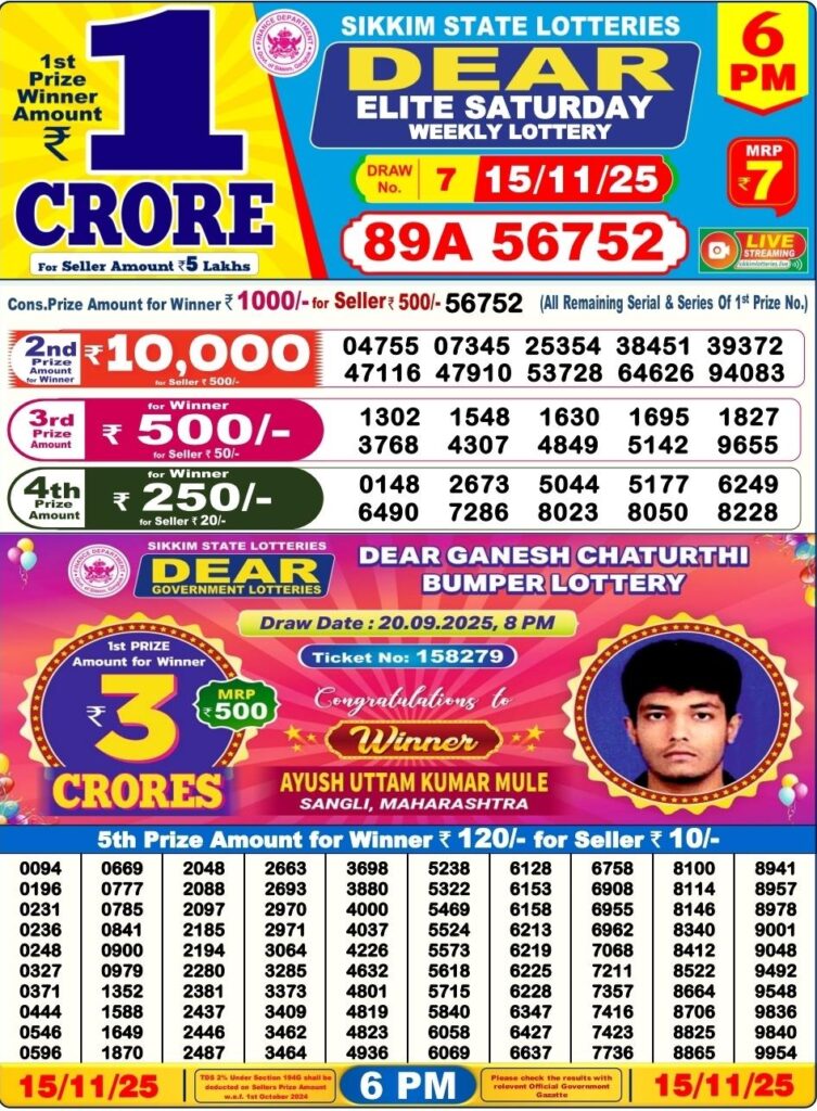 Dear Lottery Result 6 PM