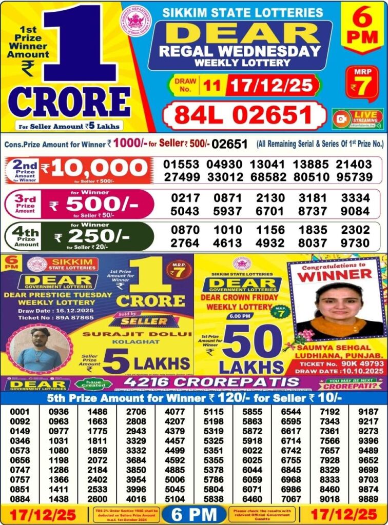 Dear Lottery Result 6 PM